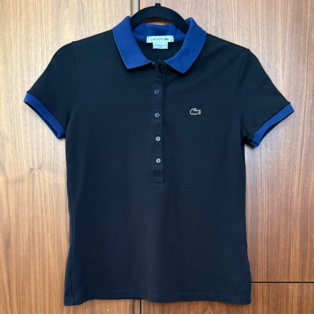 Lacoste 5-button Slim Fit Black and Blue Polo Shirt Women’s size 38 S/M